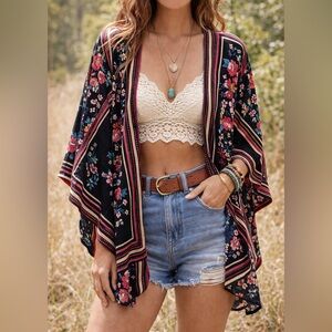 Angie Floral Boho Kimono Cardigan Black Pink Rayon Size S